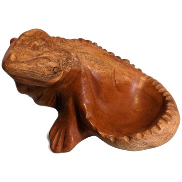 Vintage Hand Carved Wooden Iguana Trinket Dish Bowl Retro Decor Tropical - Picture 1 of 6